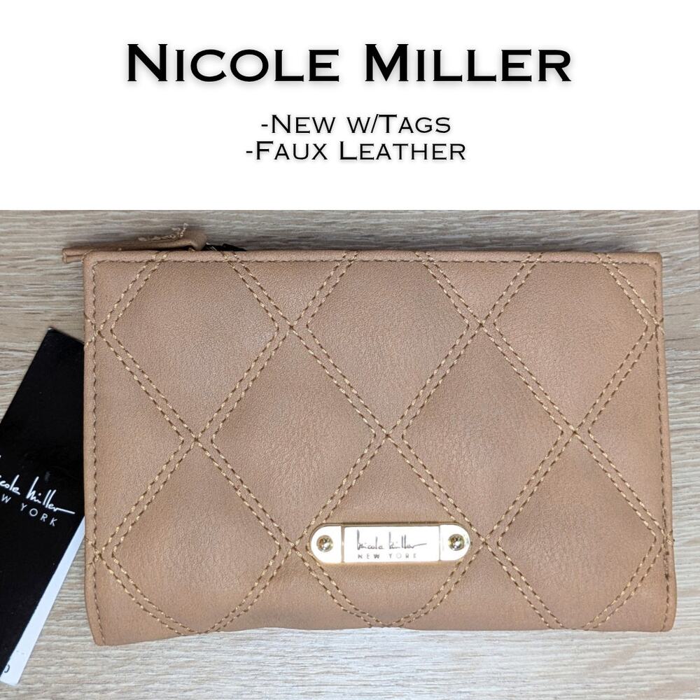 Nicole Miller Bifold Wallet Tan Quilted Faux Leather Organizer Gold Logo NEW